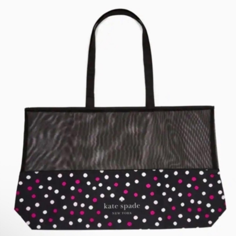 XL Kate Spade Navy Pink Polka Dot Canvas Mesh Tote Shopper Beach Bag 22.5 In